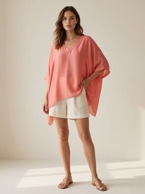 Italian Silk Blouse M Sheer Layering Poncho Top Asymmetric Coral Pink Boho Chic